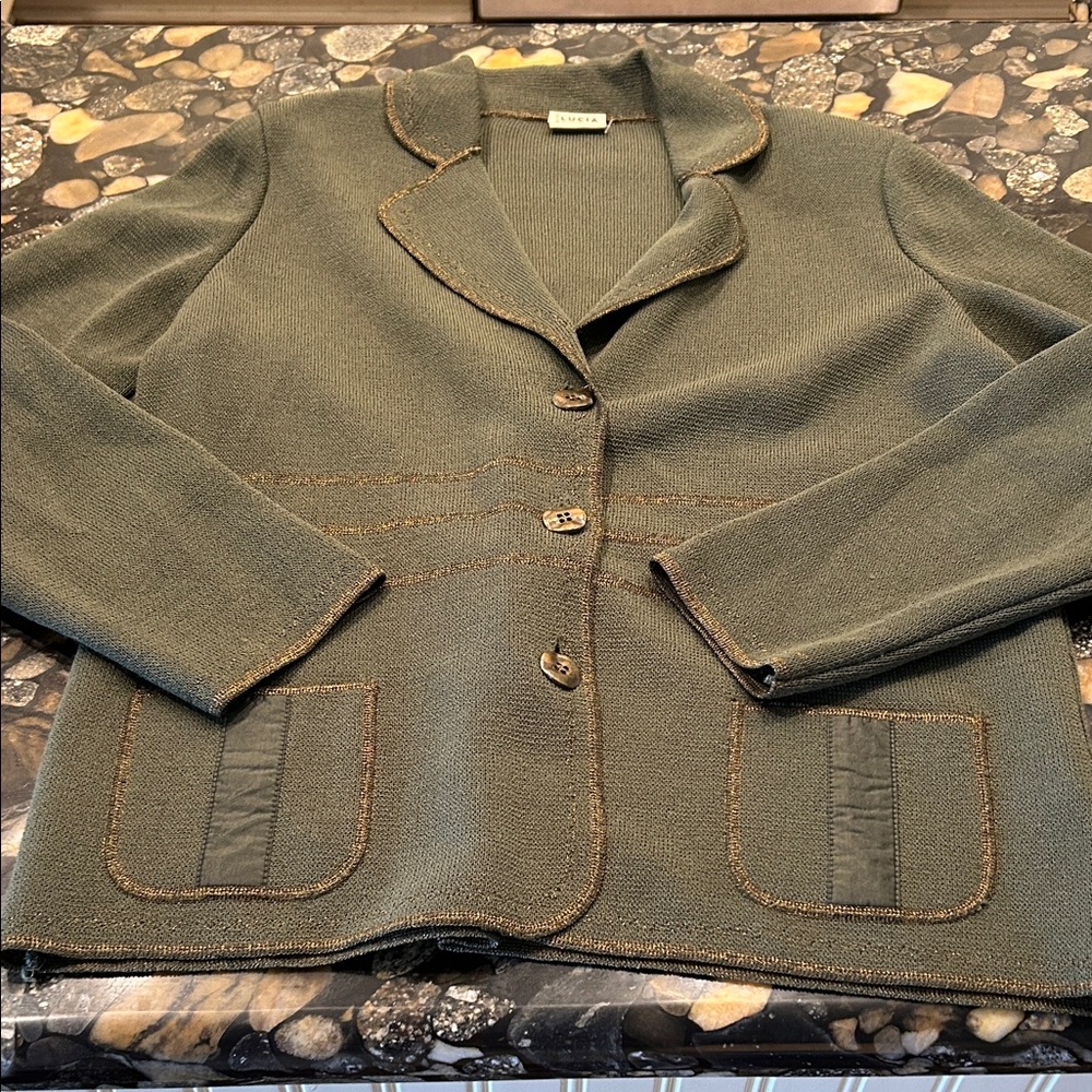 Vintage 1960’s Lucia Olive Green Blazer with Gold Accents 10 m/l